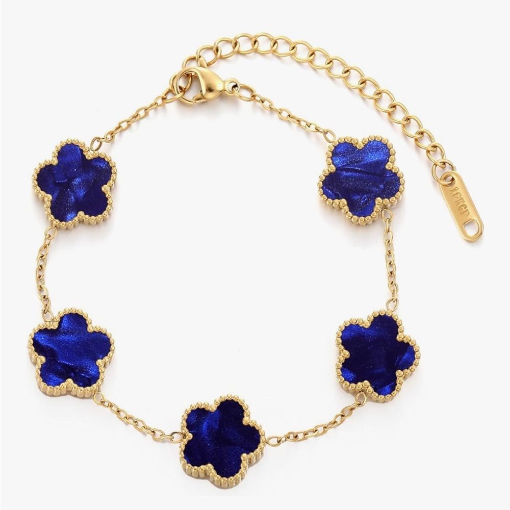 18K Gold Dark Blue Clover Bracelet Plated Stainless Steel Lucky Charm Preppy
